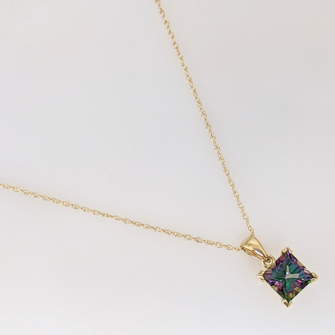 14K MYSTIC TOPAZ PRINCESS CUT 7MM ESTATE PENDANT & CHAIN 2.3 GRAMS