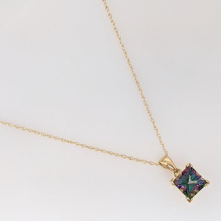 14K MYSTIC TOPAZ PRINCESS CUT 7MM ESTATE PENDANT & CHAIN 2.3 GRAMS