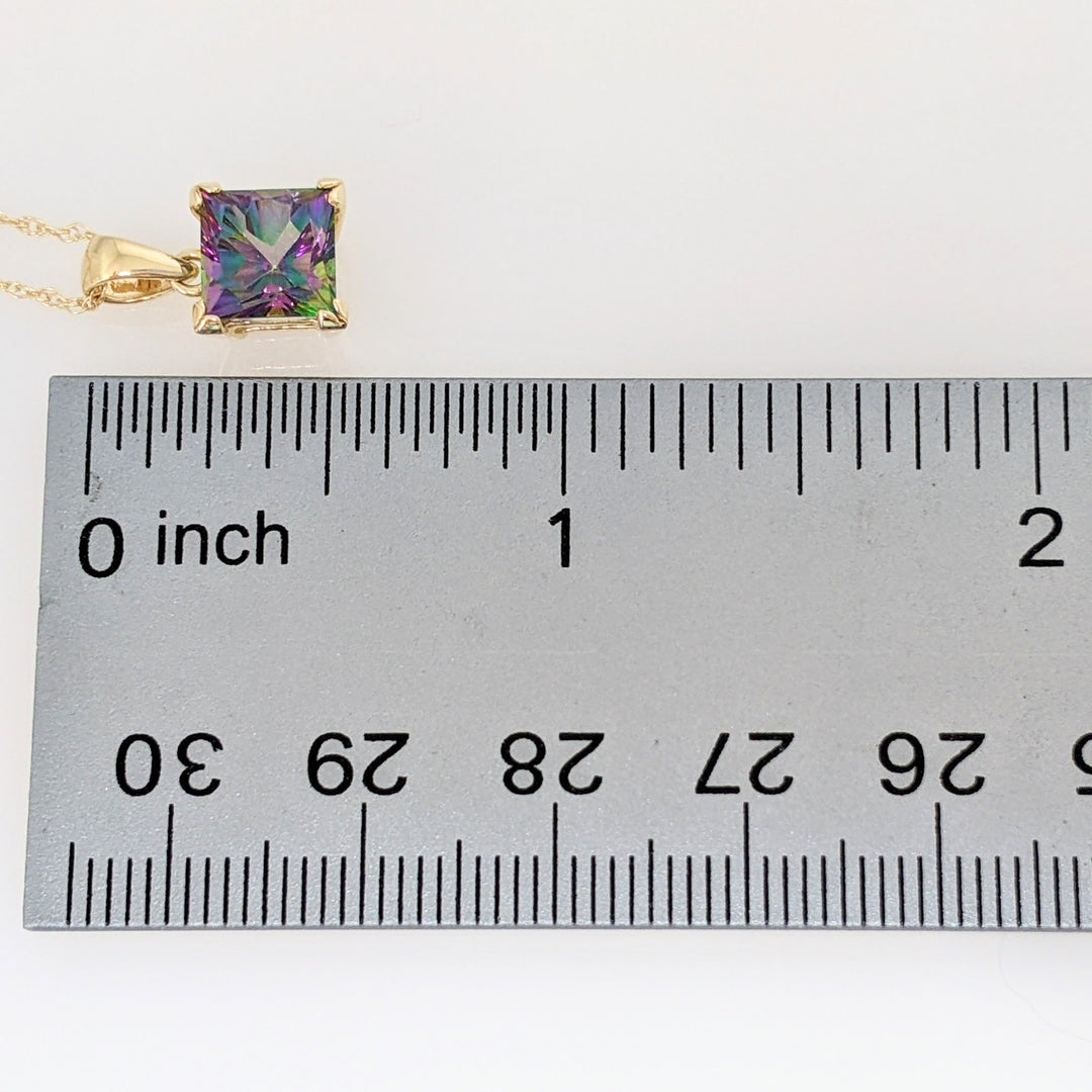 14K MYSTIC TOPAZ PRINCESS CUT 7MM ESTATE PENDANT & CHAIN 2.3 GRAMS