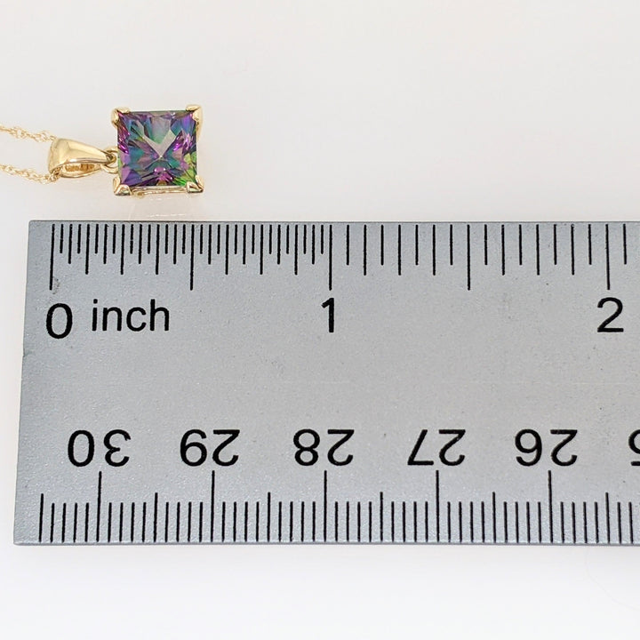 14K MYSTIC TOPAZ PRINCESS CUT 7MM ESTATE PENDANT & CHAIN 2.3 GRAMS