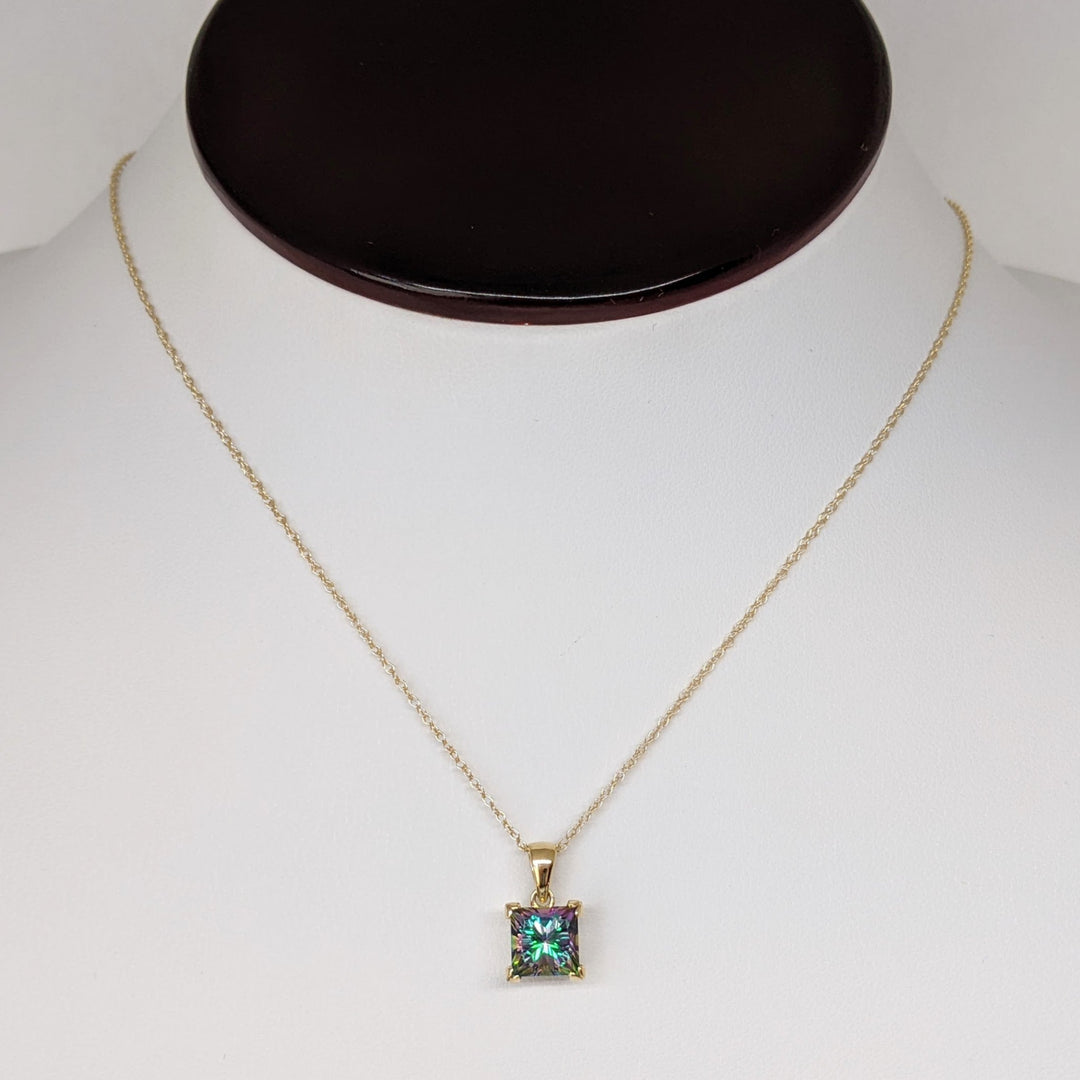 14K MYSTIC TOPAZ PRINCESS CUT 7MM ESTATE PENDANT & CHAIN 2.3 GRAMS