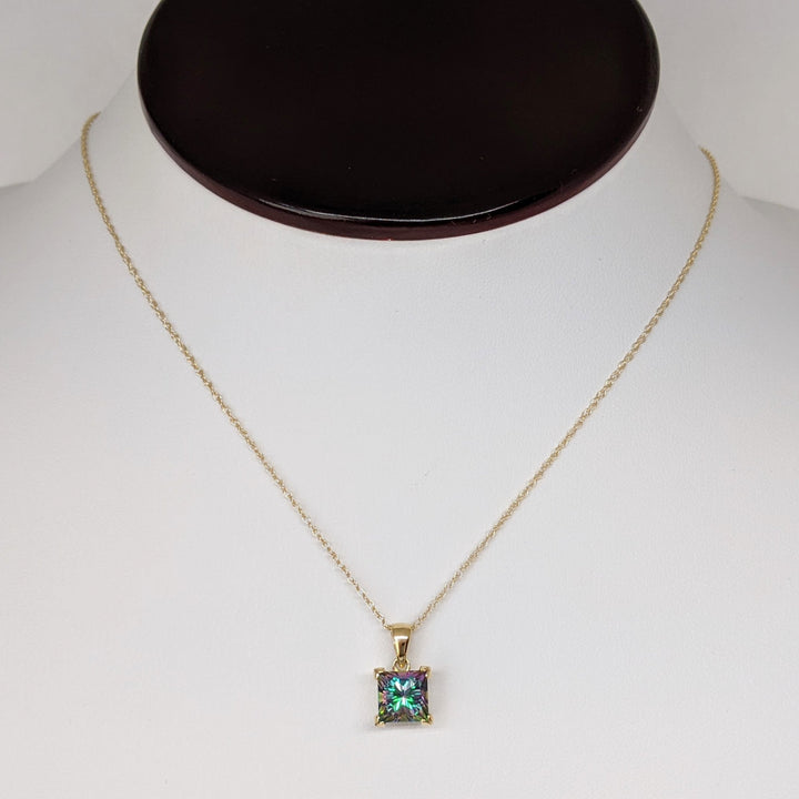 14K MYSTIC TOPAZ PRINCESS CUT 7MM ESTATE PENDANT & CHAIN 2.3 GRAMS