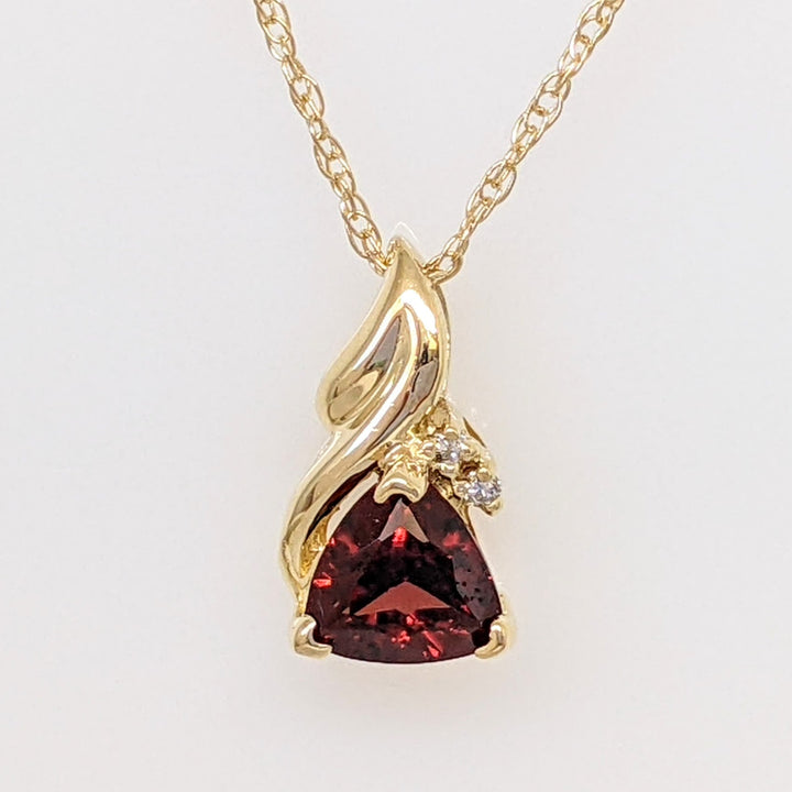 14K GARNET TRILLION 6MM WITH (2) MELEE ESTATE PENDANT & CHAIN 1.7 GRAMS