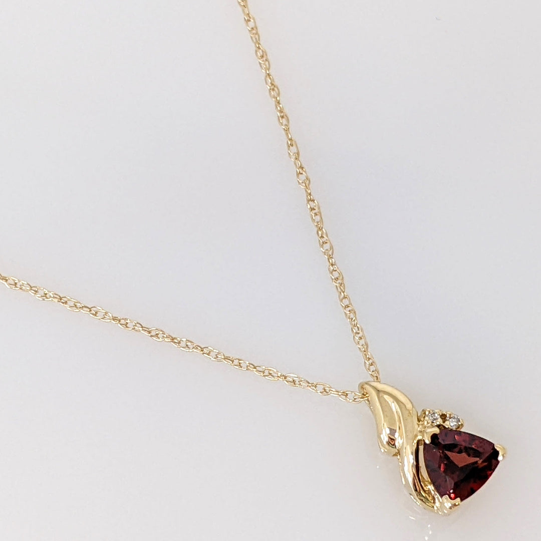 14K GARNET TRILLION 6MM WITH (2) MELEE ESTATE PENDANT & CHAIN 1.7 GRAMS