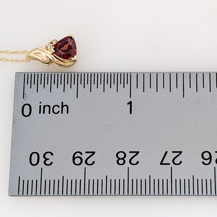 14K GARNET TRILLION 6MM WITH (2) MELEE ESTATE PENDANT & CHAIN 1.7 GRAMS