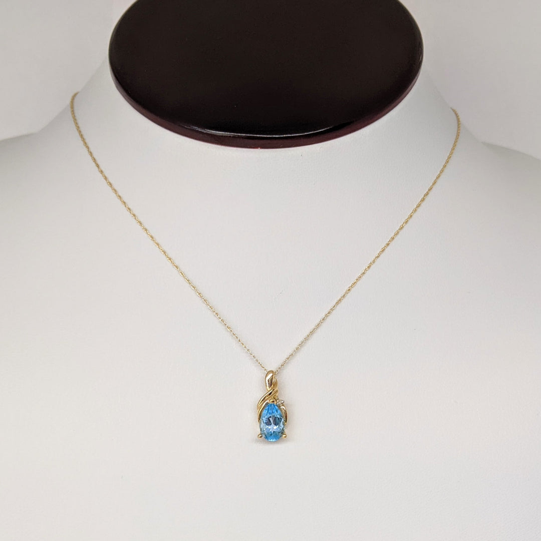 10K BLUE TOPAZ PEAR 6X9 WITH MELEE ESTATE PENDANT & CHAIN 1.8 GRAMS