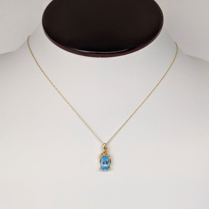 10K BLUE TOPAZ PEAR 6X9 WITH MELEE ESTATE PENDANT & CHAIN 1.8 GRAMS