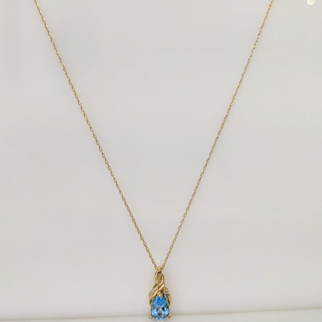 10K BLUE TOPAZ PEAR 6X9 WITH MELEE ESTATE PENDANT & CHAIN 1.8 GRAMS