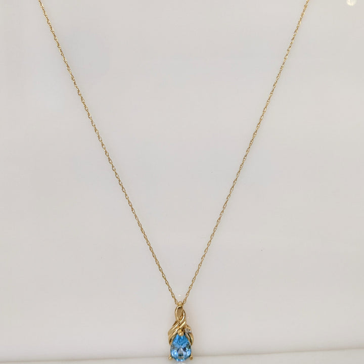 10K BLUE TOPAZ PEAR 6X9 WITH MELEE ESTATE PENDANT & CHAIN 1.8 GRAMS