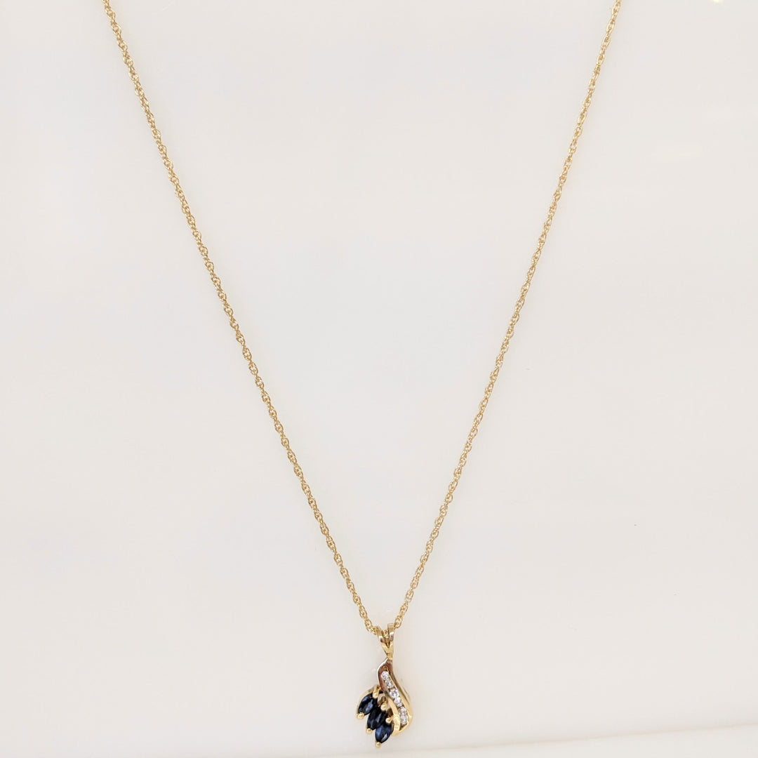 14K SAPPHIRE MARQUISE (3) 2X4 WITH (6) MELEE ESTATE PENDANT & CHAIN 2.1 GRAMS