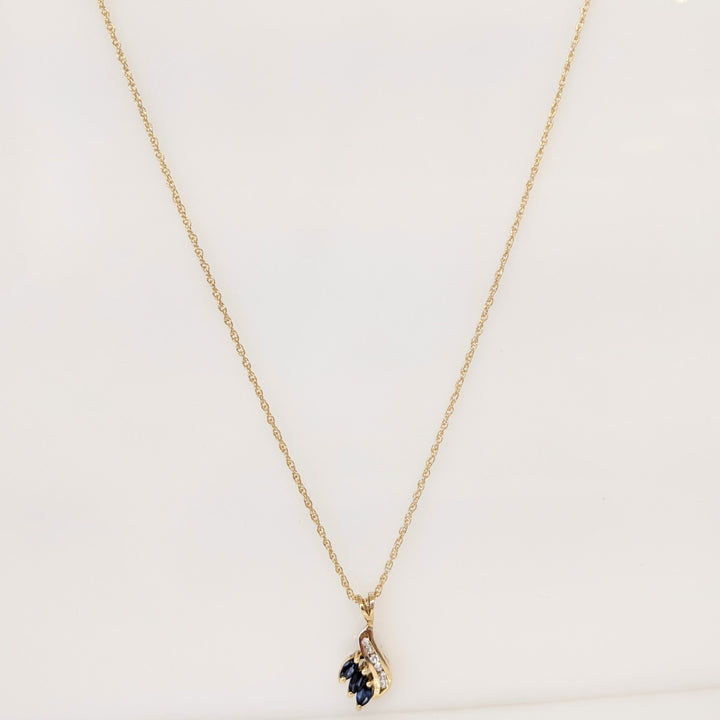 14K SAPPHIRE MARQUISE (3) 2X4 WITH (6) MELEE ESTATE PENDANT & CHAIN 2.1 GRAMS