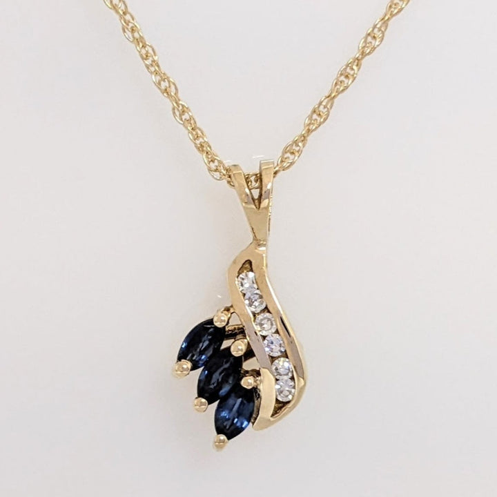 14K SAPPHIRE MARQUISE (3) 2X4 WITH (6) MELEE ESTATE PENDANT & CHAIN 2.1 GRAMS