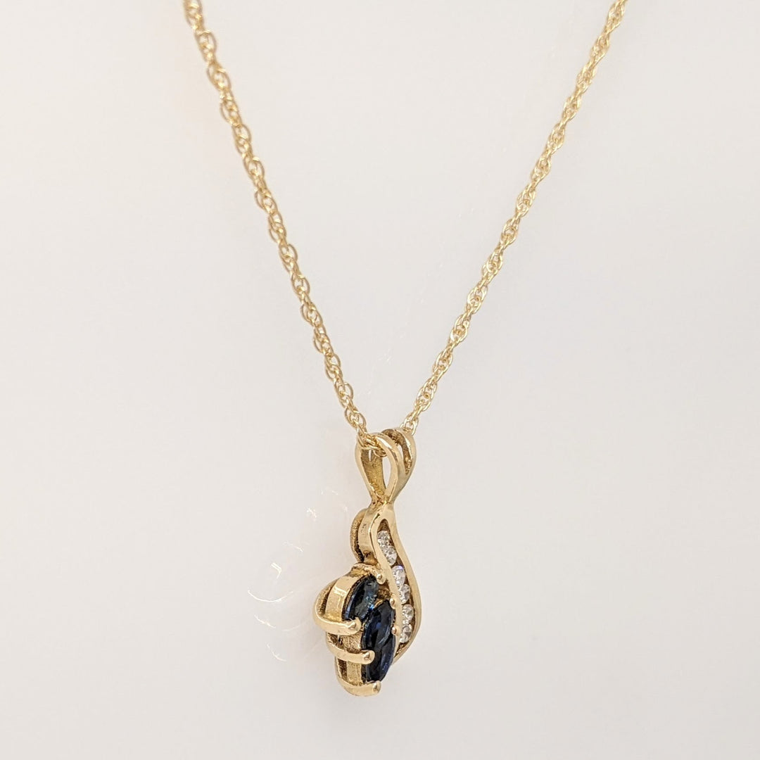 14K SAPPHIRE MARQUISE (3) 2X4 WITH (6) MELEE ESTATE PENDANT & CHAIN 2.1 GRAMS