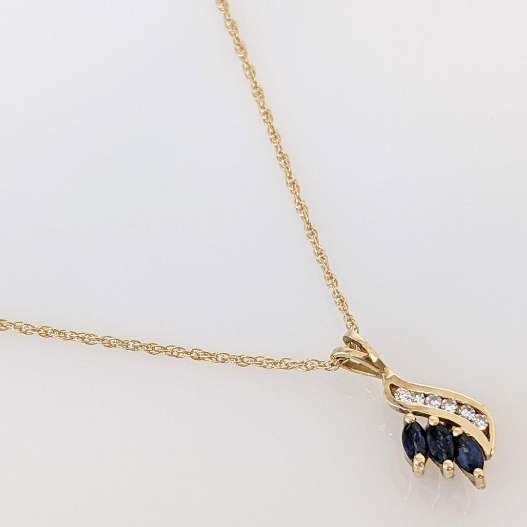 14K SAPPHIRE MARQUISE (3) 2X4 WITH (6) MELEE ESTATE PENDANT & CHAIN 2.1 GRAMS