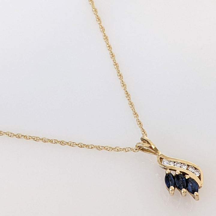14K SAPPHIRE MARQUISE (3) 2X4 WITH (6) MELEE ESTATE PENDANT & CHAIN 2.1 GRAMS