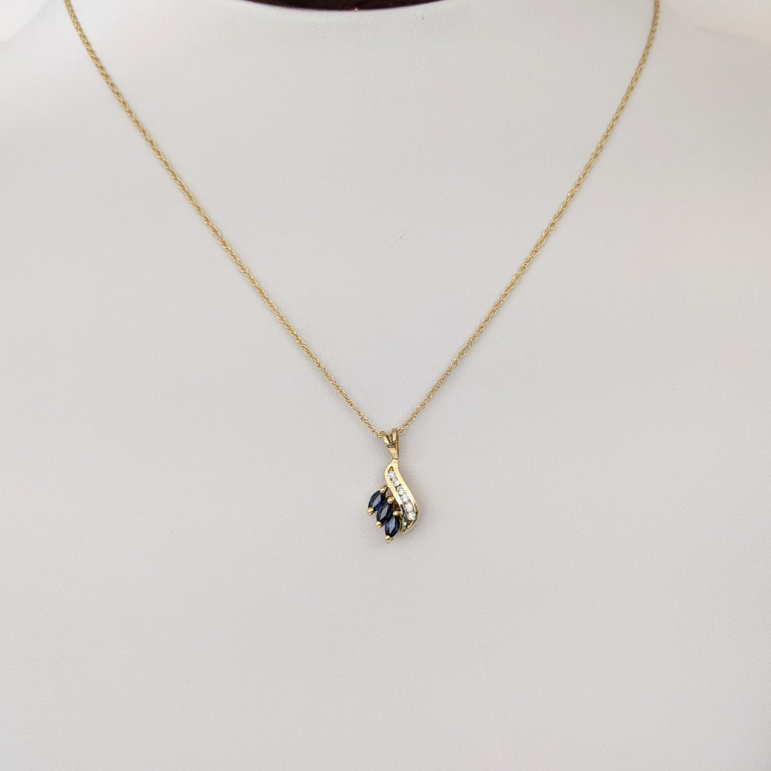 14K SAPPHIRE MARQUISE (3) 2X4 WITH (6) MELEE ESTATE PENDANT & CHAIN 2.1 GRAMS