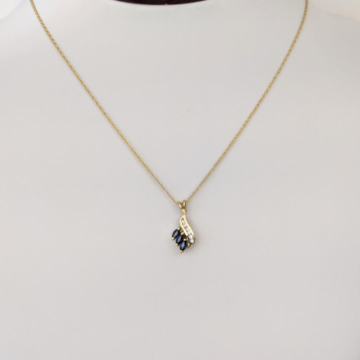 14K SAPPHIRE MARQUISE (3) 2X4 WITH (6) MELEE ESTATE PENDANT & CHAIN 2.1 GRAMS