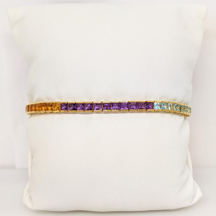 14K GARNET, BLUE TOPAZ, AMETHYST, CITRINE, PERIDOT 3MM PRINCESS CUT ESTATE BRACELET 9.2 GRAMS