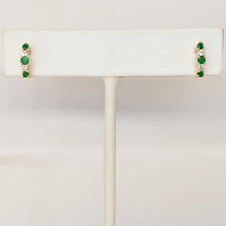14K EMERALD ROUND (6)2MM DIAMOND ROUND (4) DROP ESTATE EARRINGS 1.3 GRAMS