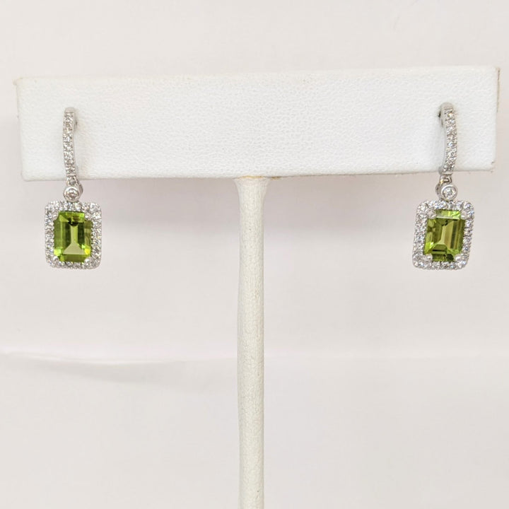 14K WHITE PERIDOT EMERALD CUT 5X7 WITH .33 DIAMOND TOTAL WEIGHT (66) ESTATE DANGLE EARRINGS 3.2 GRAMS