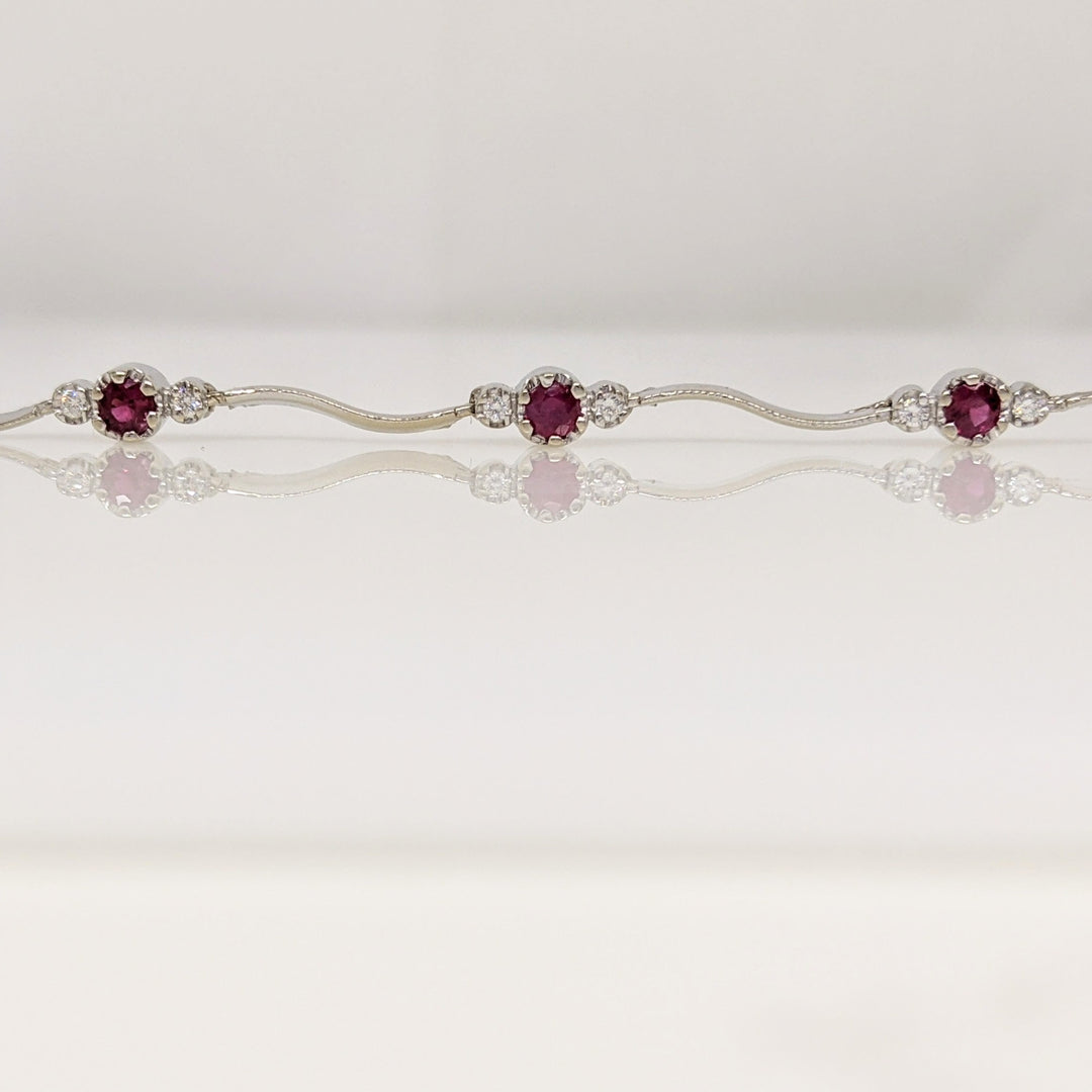14K WHITE RUBY ROUND (8) 3MM WITH .16 DIAMOND TOTAL WEIGHT (16) ESTATE WAVY BRACELET 4.3 GRAMS
