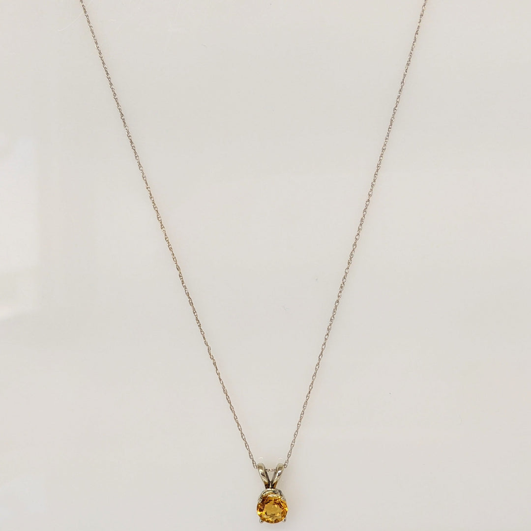 14K WHITE CITRINE ROUND 6MM ESTATE PENDANT & CHAIN 1.3 GRAMS