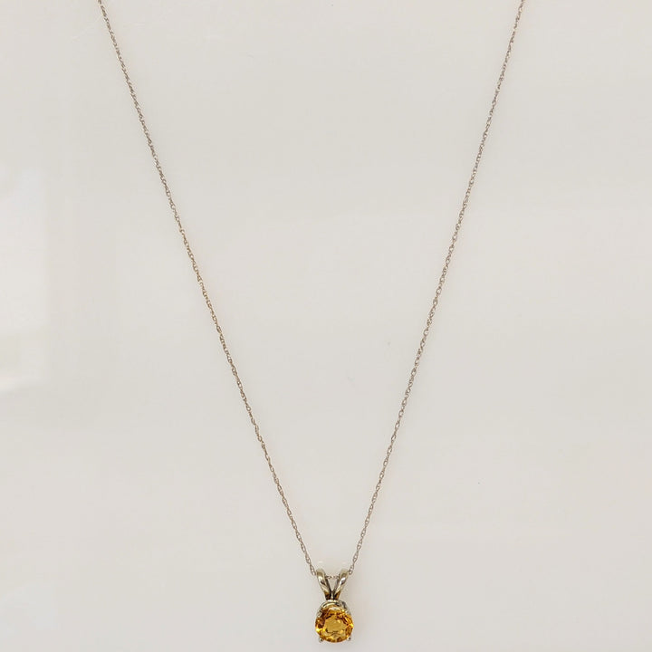 14K WHITE CITRINE ROUND 6MM ESTATE PENDANT & CHAIN 1.3 GRAMS