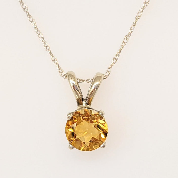 14K WHITE CITRINE ROUND 6MM ESTATE PENDANT & CHAIN 1.3 GRAMS