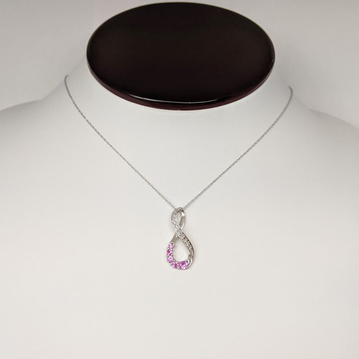 10K WHITE LAB-CREATED PINK SAPPHIRE ROUND (5) WITH (8) MELEE ESTATE TWIST PENDANT & CHAIN 1.8 GRAMS