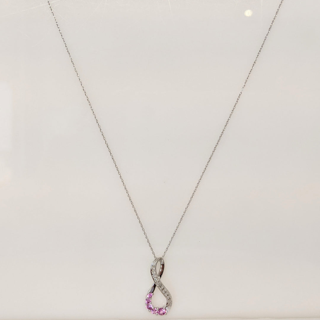 10K WHITE LAB-CREATED PINK SAPPHIRE ROUND (5) WITH (8) MELEE ESTATE TWIST PENDANT & CHAIN 1.8 GRAMS