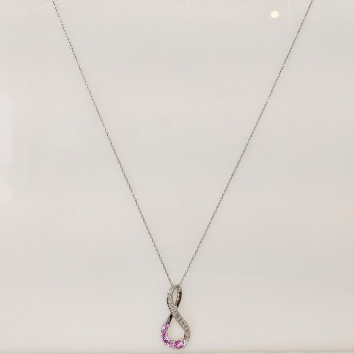 10K WHITE LAB-CREATED PINK SAPPHIRE ROUND (5) WITH (8) MELEE ESTATE TWIST PENDANT & CHAIN 1.8 GRAMS