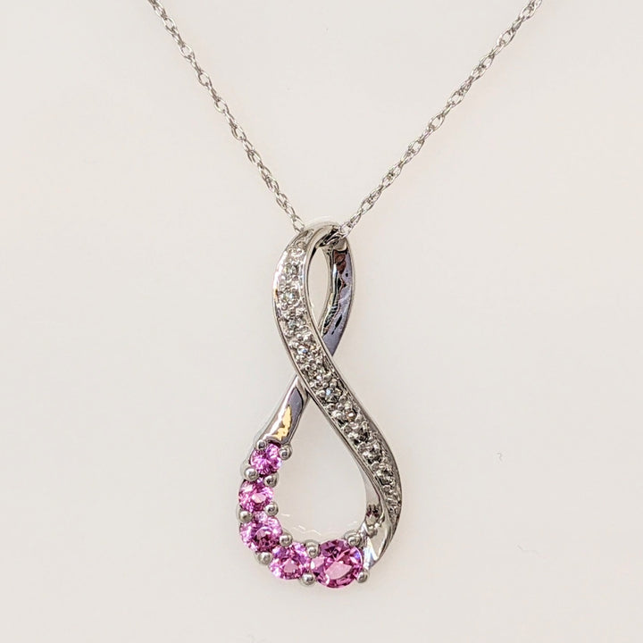 10K WHITE LAB-CREATED PINK SAPPHIRE ROUND (5) WITH (8) MELEE ESTATE TWIST PENDANT & CHAIN 1.8 GRAMS
