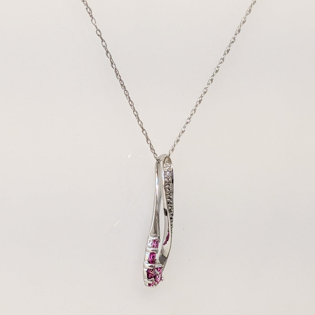 10K WHITE LAB-CREATED PINK SAPPHIRE ROUND (5) WITH (8) MELEE ESTATE TWIST PENDANT & CHAIN 1.8 GRAMS