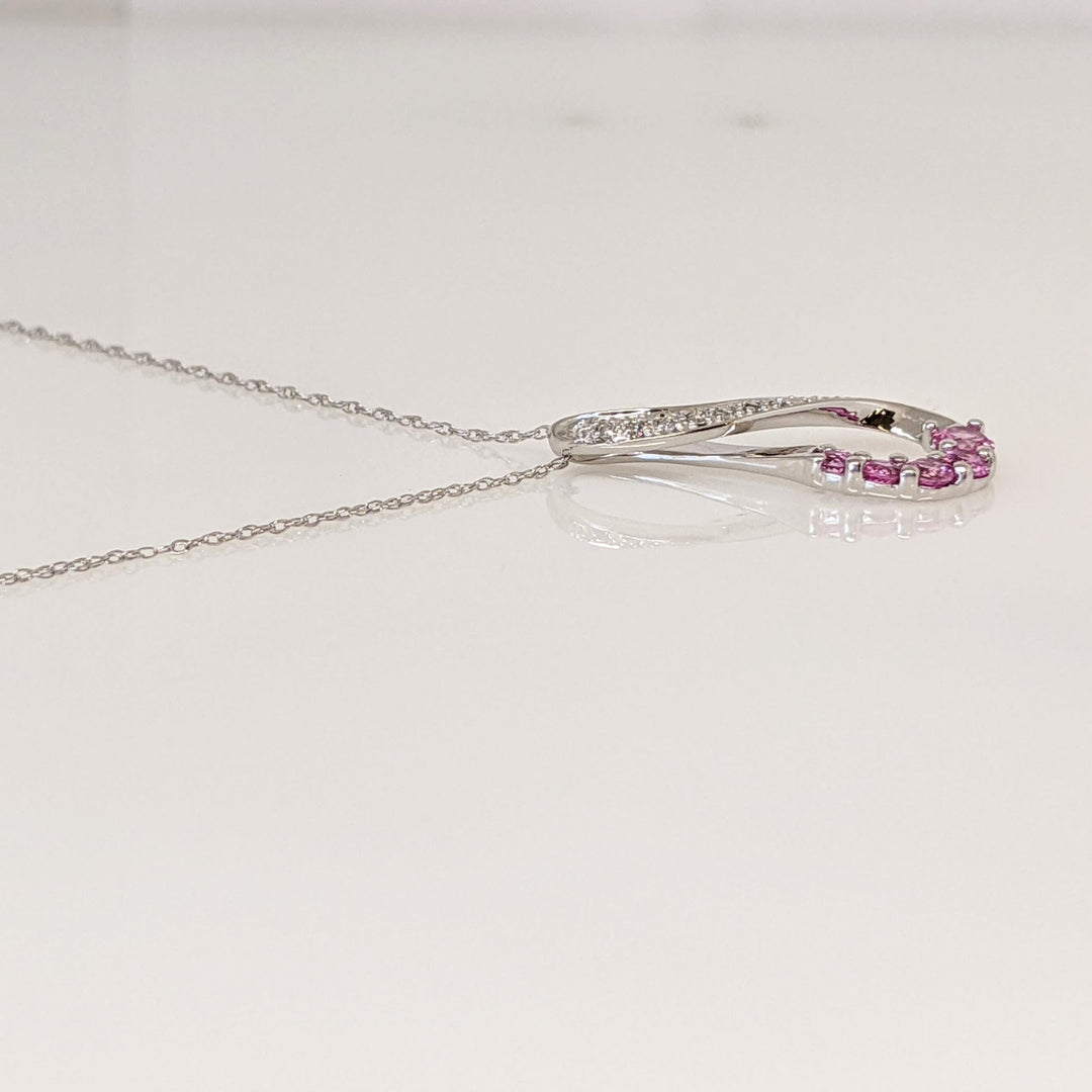 10K WHITE LAB-CREATED PINK SAPPHIRE ROUND (5) WITH (8) MELEE ESTATE TWIST PENDANT & CHAIN 1.8 GRAMS