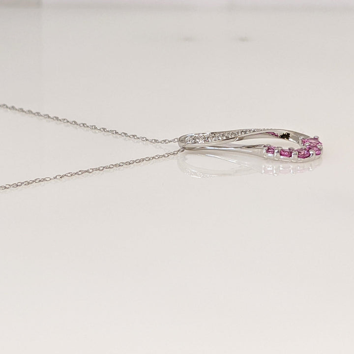 10K WHITE LAB-CREATED PINK SAPPHIRE ROUND (5) WITH (8) MELEE ESTATE TWIST PENDANT & CHAIN 1.8 GRAMS