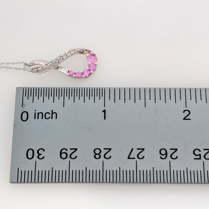 10K WHITE LAB-CREATED PINK SAPPHIRE ROUND (5) WITH (8) MELEE ESTATE TWIST PENDANT & CHAIN 1.8 GRAMS