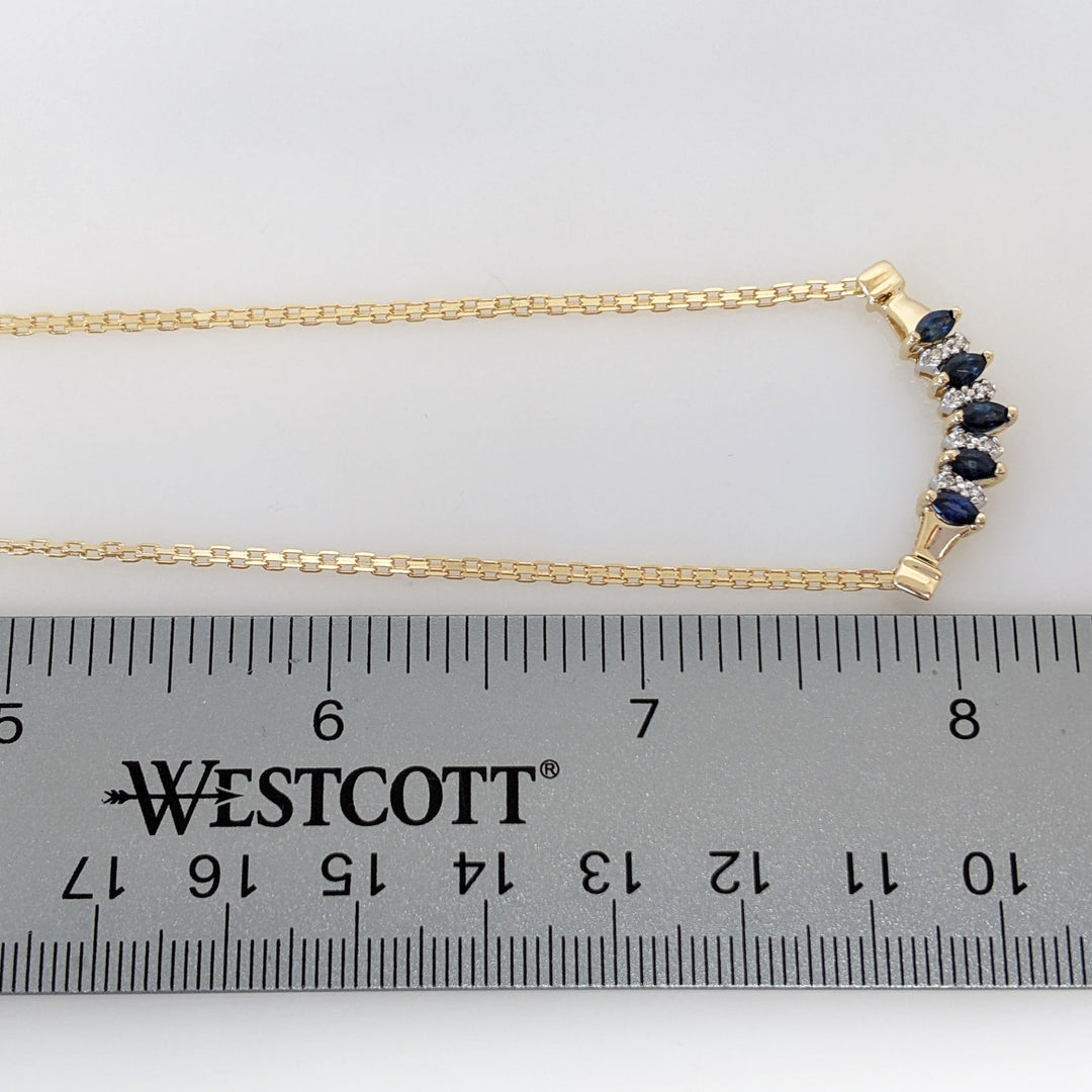 14K SAPPHIRE MARQUISE (5) 2X4 WITH (8) MELEE ESTATE NECKLACE 5.3 GRAMS