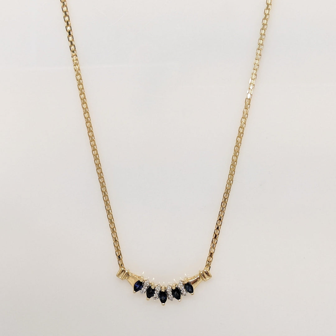 14K SAPPHIRE MARQUISE (5) 2X4 WITH (8) MELEE ESTATE NECKLACE 5.3 GRAMS