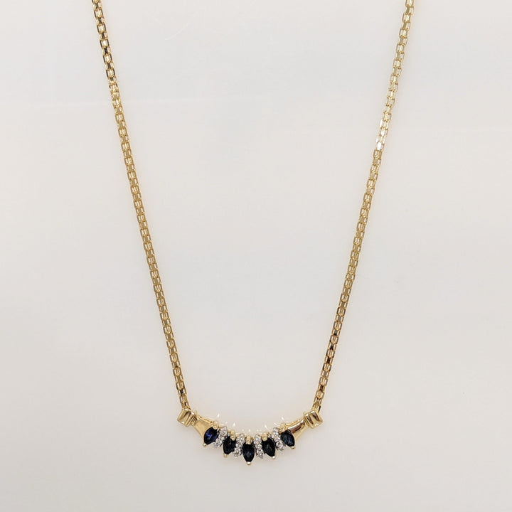 14K SAPPHIRE MARQUISE (5) 2X4 WITH (8) MELEE ESTATE NECKLACE 5.3 GRAMS