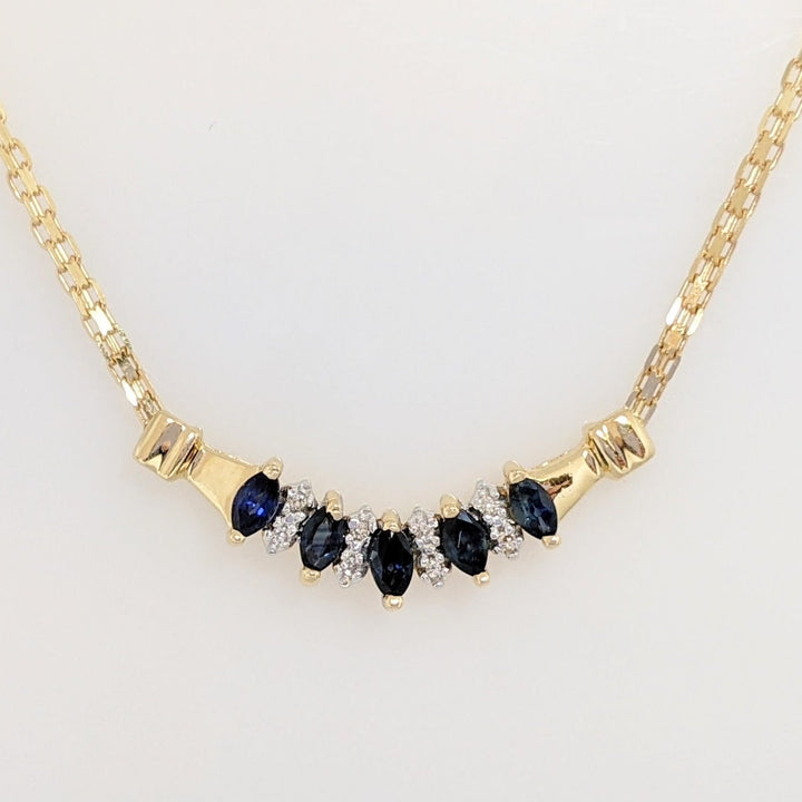 14K SAPPHIRE MARQUISE (5) 2X4 WITH (8) MELEE ESTATE NECKLACE 5.3 GRAMS