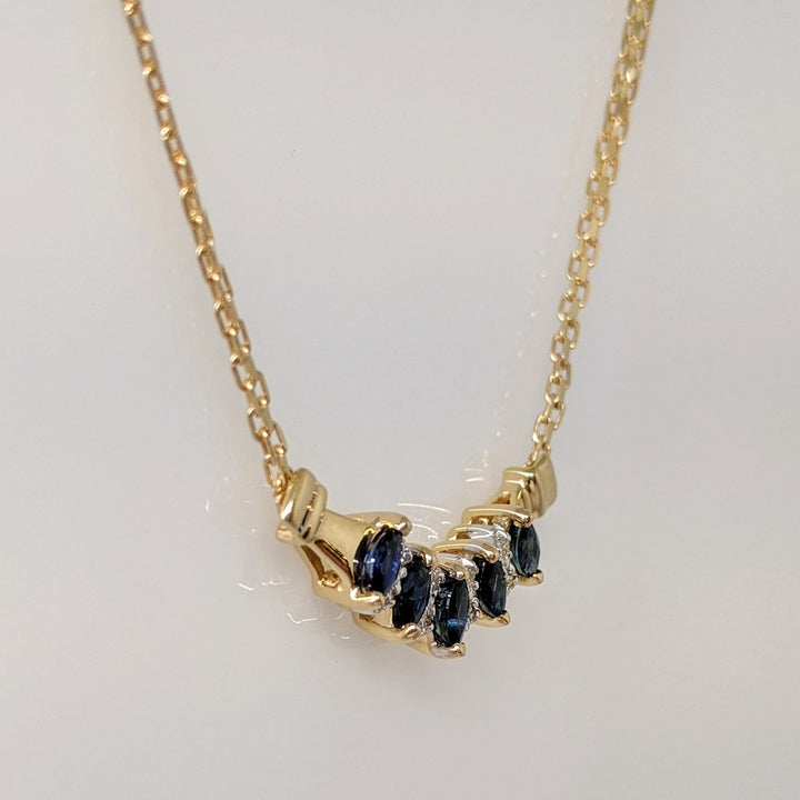 14K SAPPHIRE MARQUISE (5) 2X4 WITH (8) MELEE ESTATE NECKLACE 5.3 GRAMS