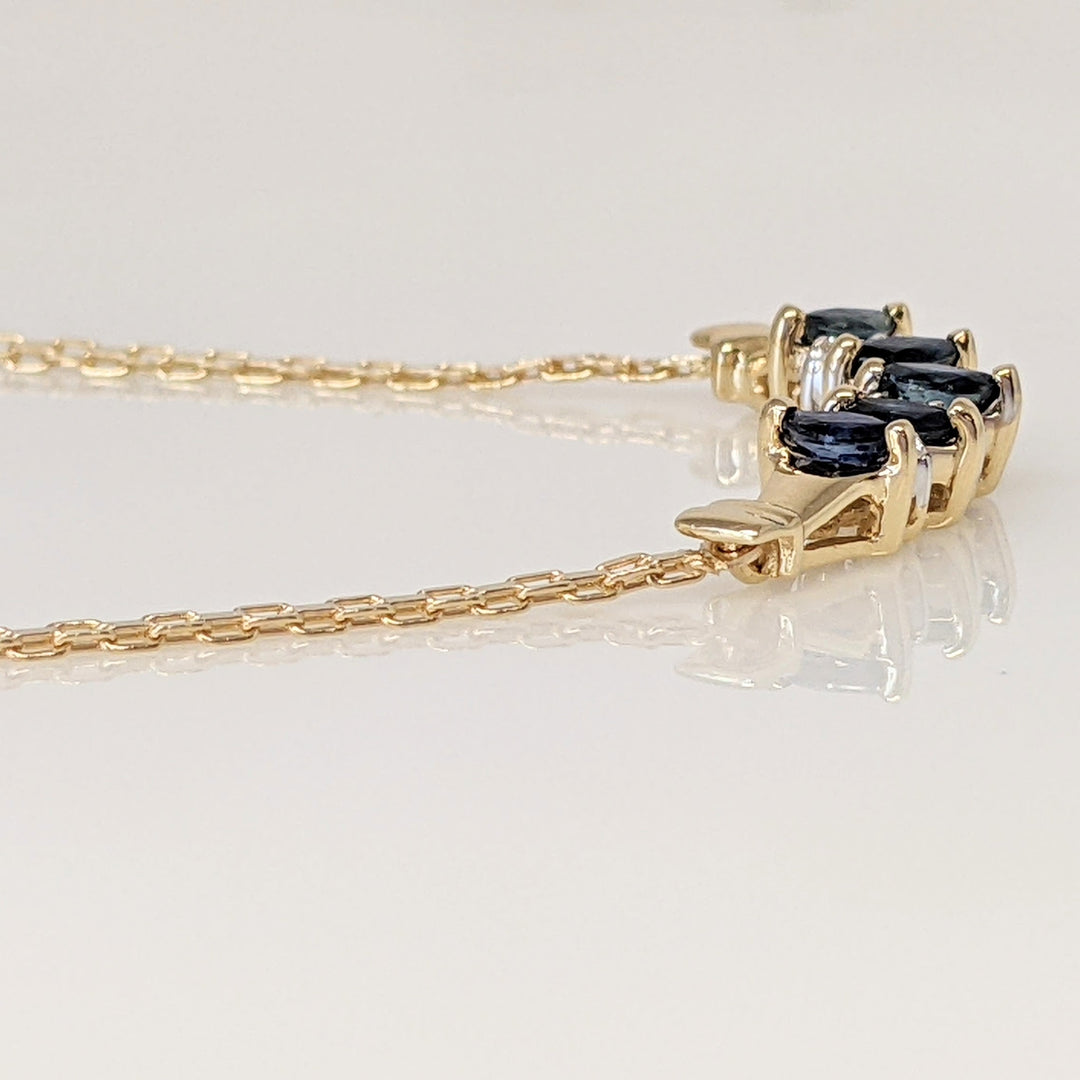 14K SAPPHIRE MARQUISE (5) 2X4 WITH (8) MELEE ESTATE NECKLACE 5.3 GRAMS