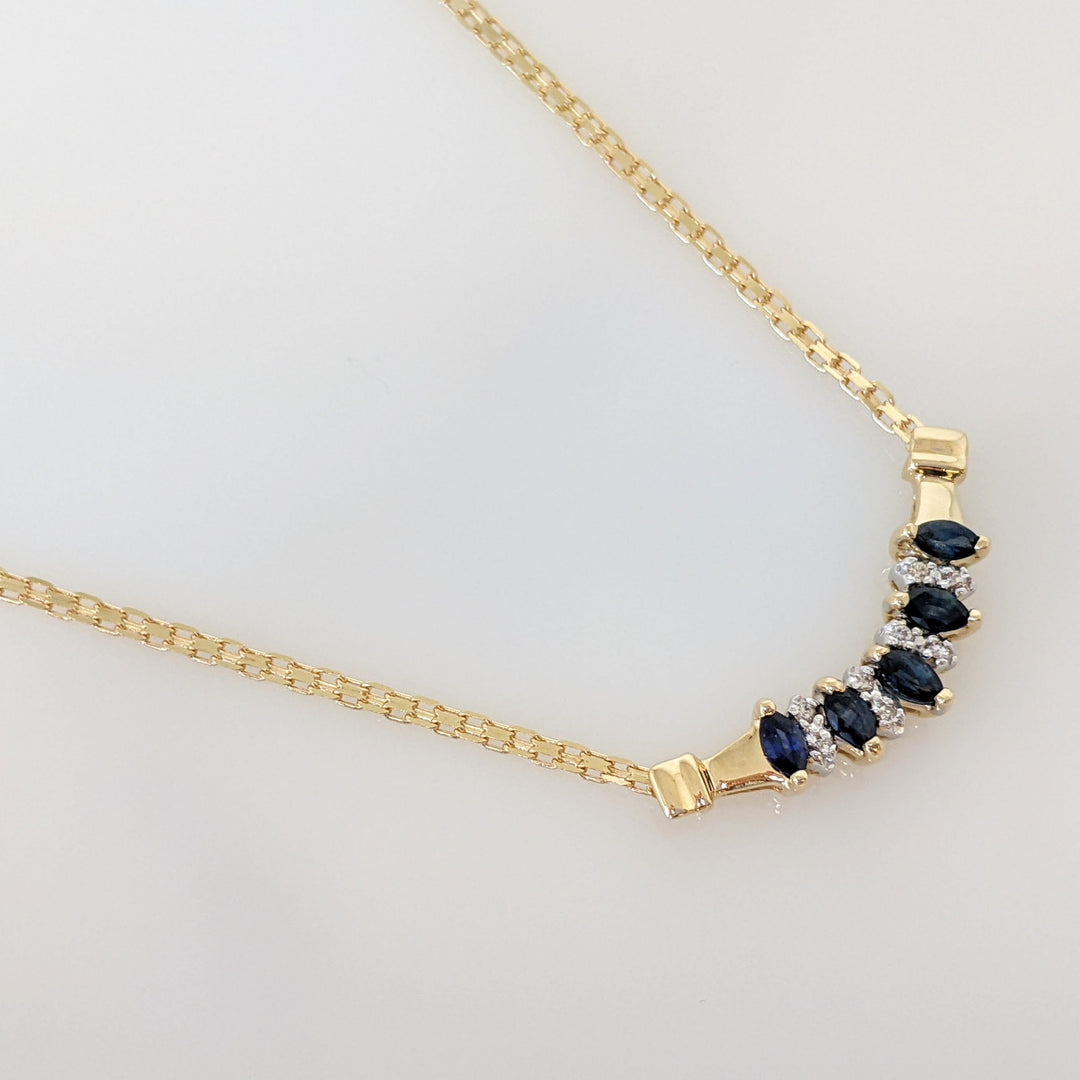 14K SAPPHIRE MARQUISE (5) 2X4 WITH (8) MELEE ESTATE NECKLACE 5.3 GRAMS