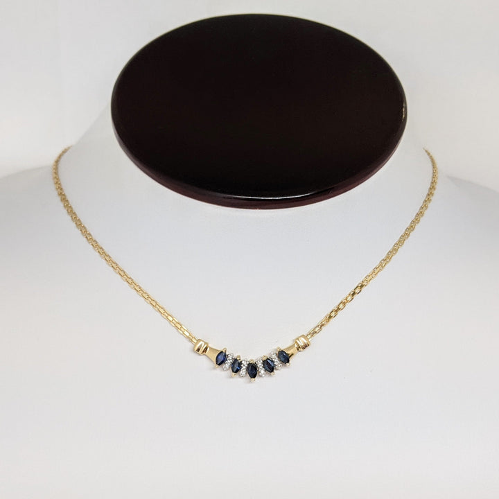 14K SAPPHIRE MARQUISE (5) 2X4 WITH (8) MELEE ESTATE NECKLACE 5.3 GRAMS