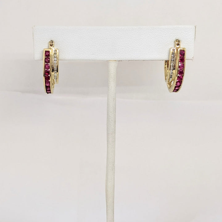 10K RUBY ROUND (18) DIAMOND ROUND (18) ESTATE HOOP EARRINGS 5.4 GRAMS
