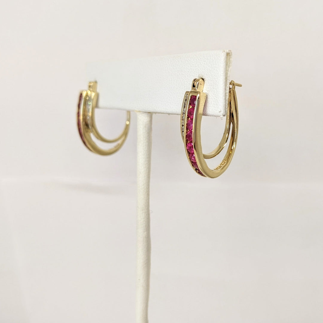 10K RUBY ROUND (18) DIAMOND ROUND (18) ESTATE HOOP EARRINGS 5.4 GRAMS