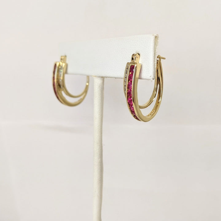 10K RUBY ROUND (18) DIAMOND ROUND (18) ESTATE HOOP EARRINGS 5.4 GRAMS