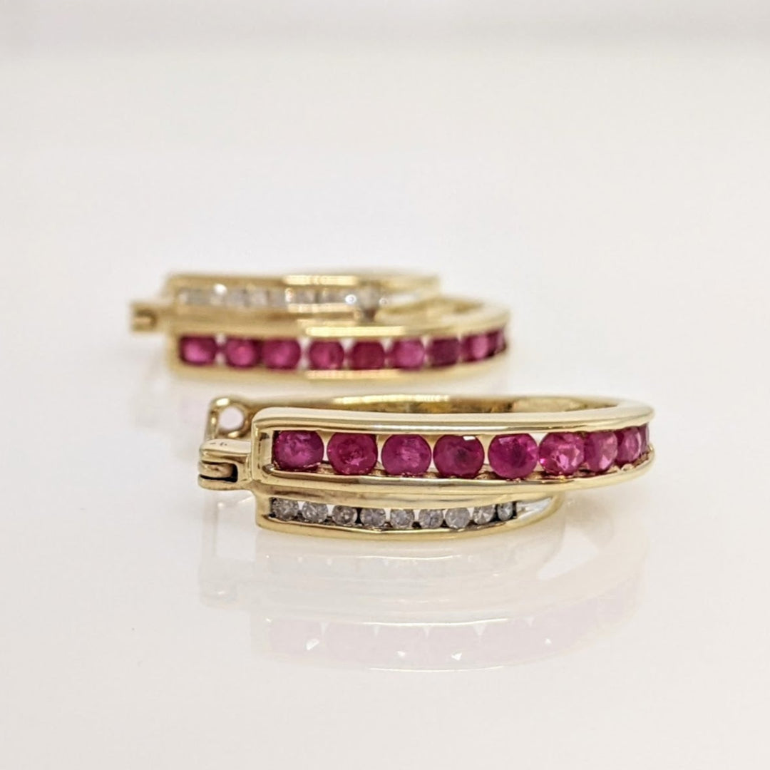 10K RUBY ROUND (18) DIAMOND ROUND (18) ESTATE HOOP EARRINGS 5.4 GRAMS
