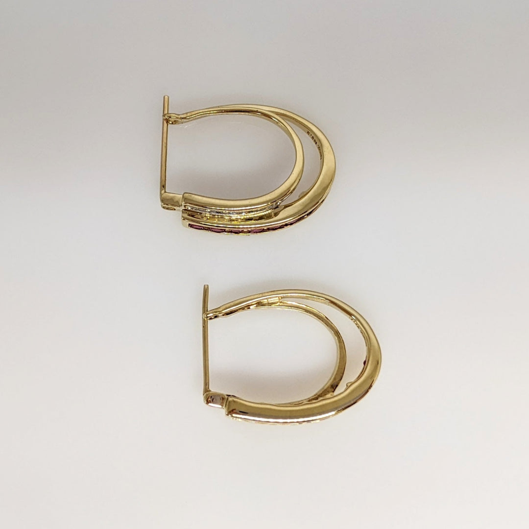 10K RUBY ROUND (18) DIAMOND ROUND (18) ESTATE HOOP EARRINGS 5.4 GRAMS