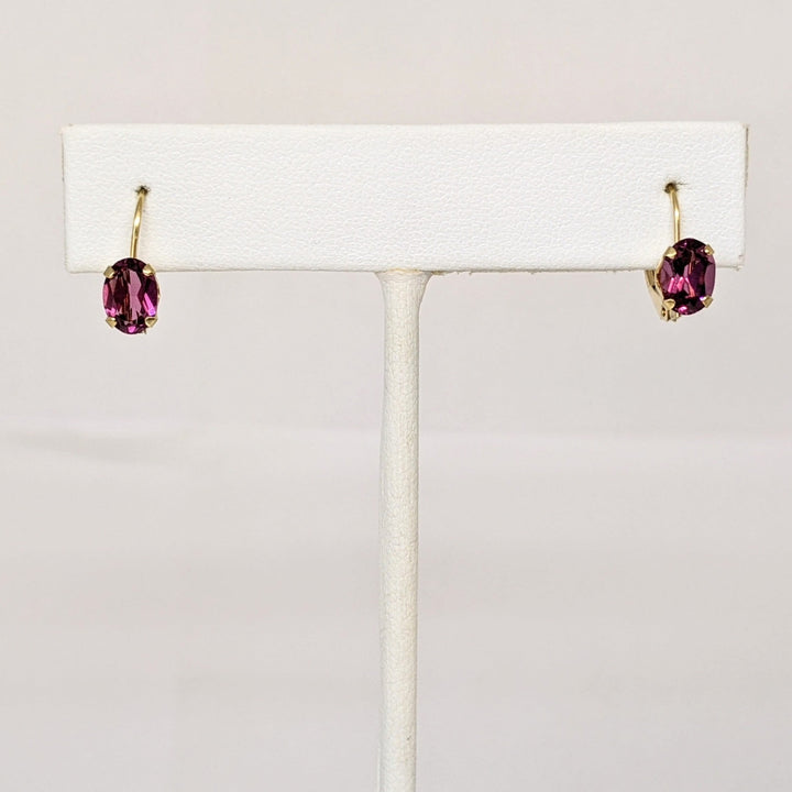 14K RHODOLITE GARNET OVAL 5X7 LEVERBACK ESTATE EARRINGS 1.2 GRAMS